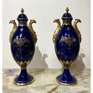 Pair Of Covered Vases Pinon Heuze Tours In Blue And Gold Earthenware , Années 1930 