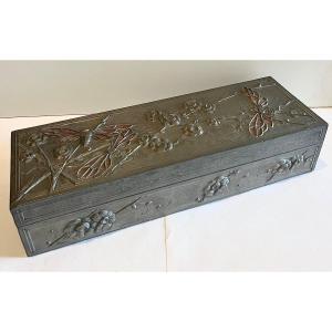 Art Nouveau Pewter Glove Box Decorated With Flowers And A Dragonflies