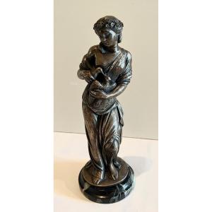 Sculturewoman With Doves In Silver Metal  Signed Bouchardon