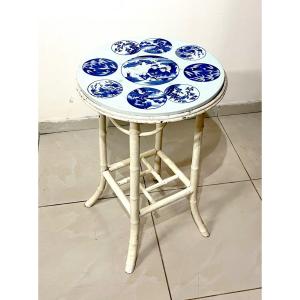 Pedestal Table White Lacquered Bamboo Ceramic Top Japan 19th