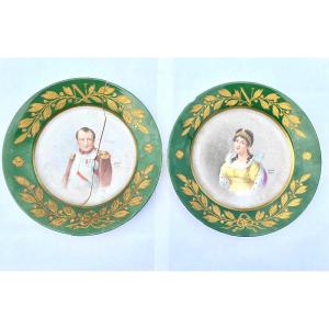 Paire d'Assiettes En Porcelaine Manufacture Impériale De Sèvres Napoléon Et Joséphine