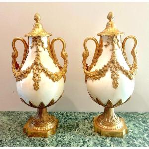 Pair Of Baluster Vases In White Marble And Gilt Bronze