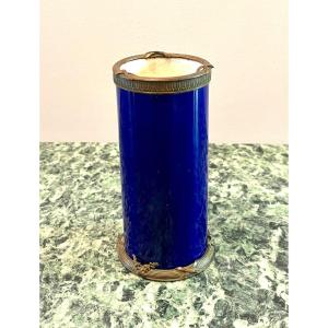 Small Blue Sevres Roller Vase In Earthenware And Bronze Mount