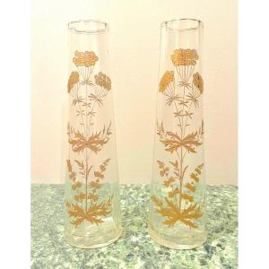 Pair Of Crystal Vases With Gold Enamel Decor