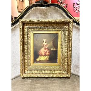 Oil Painting On Panel "elegant" In A Stucco Frame 19th Century