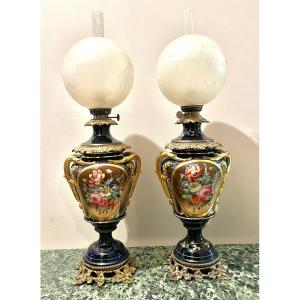 Pair Of  Valentine Blue Porcelain Lamps From The Napoleon III Period