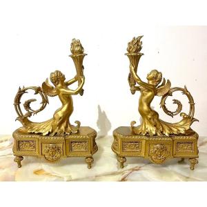 Gilt Bronze Andirons Napoleon III Style Lxvi