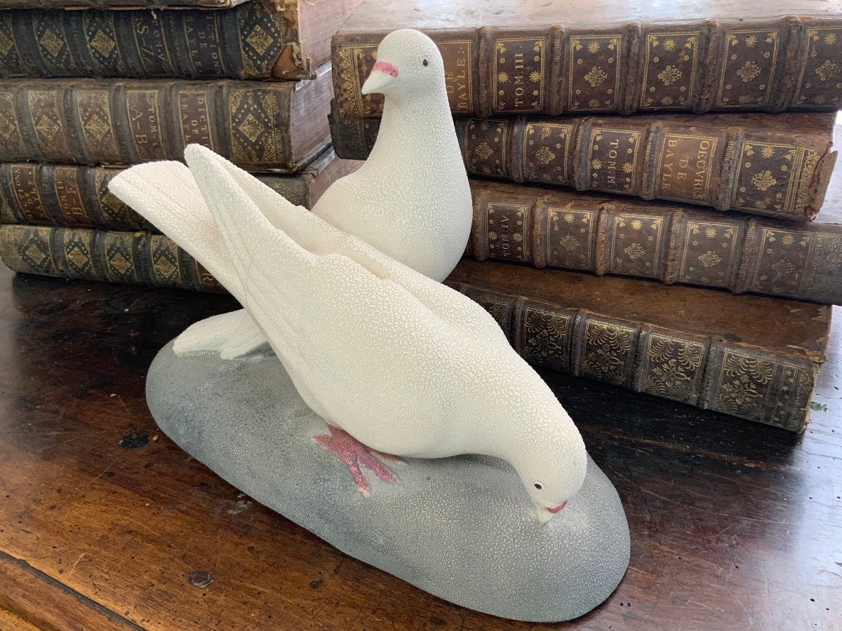 Couple Of Pigeons In Crispy White Ceramic Sèvres Art Deco-photo-1