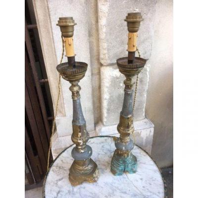 Pair Of Golden And Painted Candlesticks