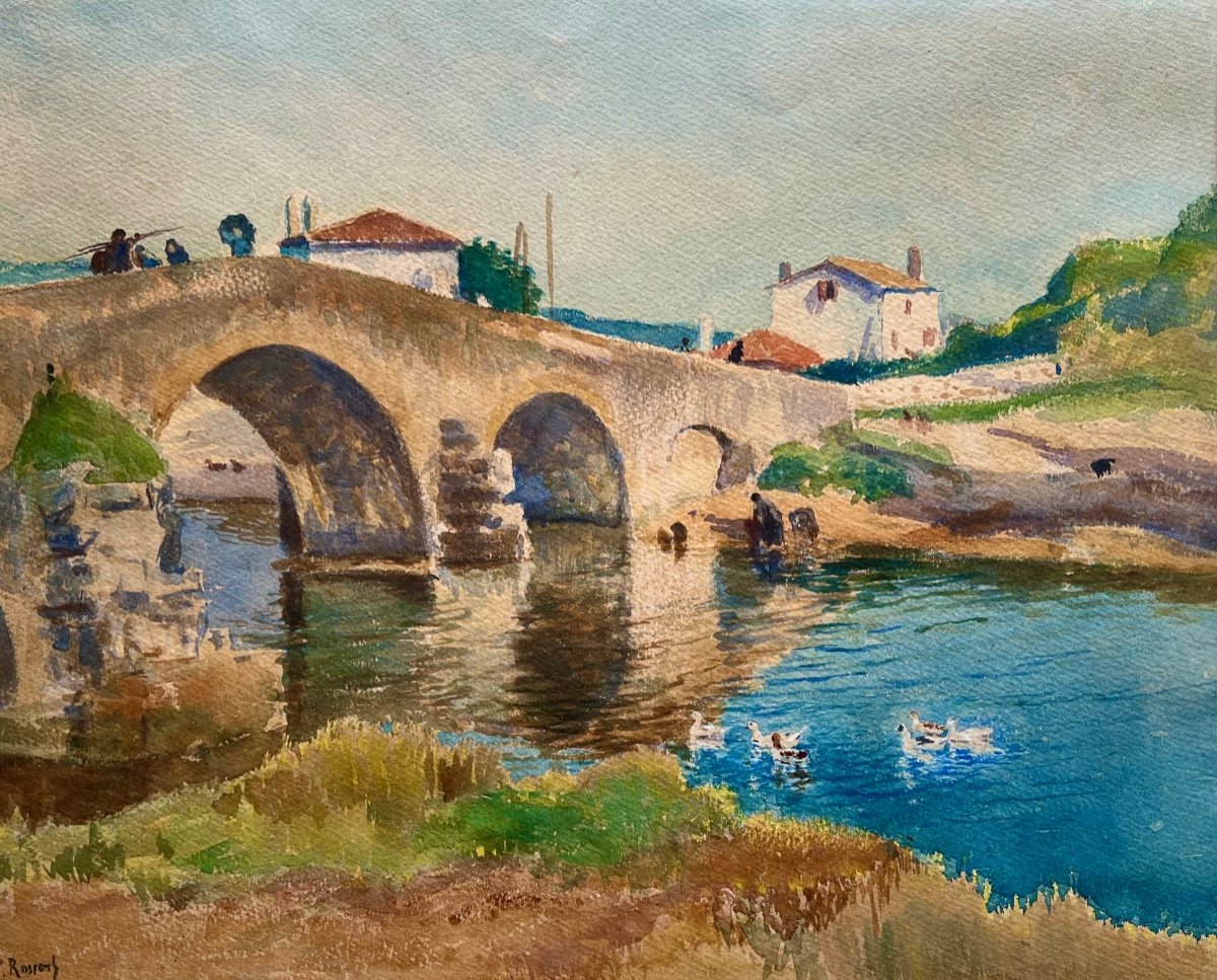 Ancien Tableau Aquarelle Le Pont De Socoa Signé Paul Rossert Vers 1900 pays basque -photo-1