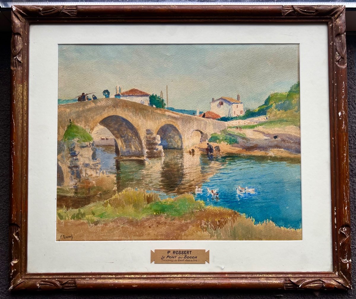 Ancien Tableau Aquarelle Le Pont De Socoa Signé Paul Rossert Vers 1900 pays basque 