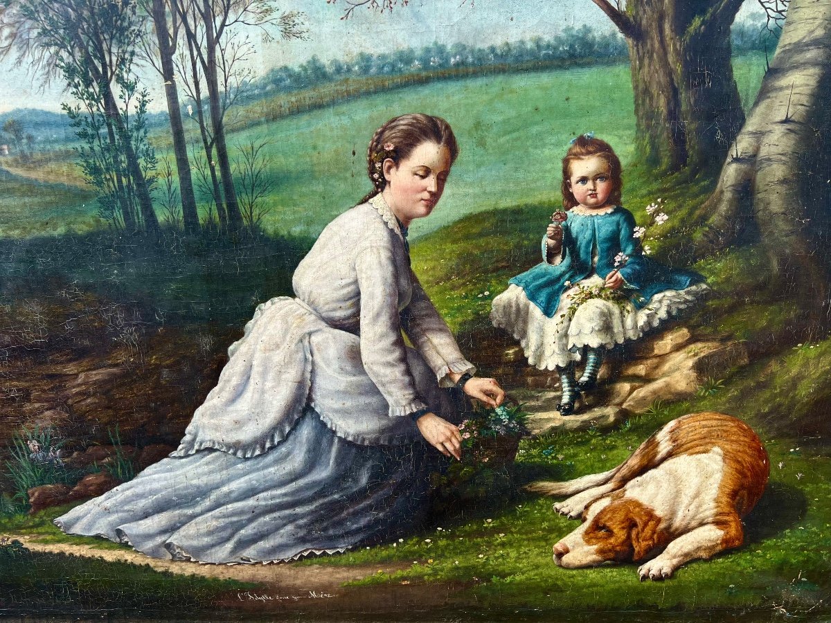 Old Large Painting The Idyll Of A Young Mother French School From The 19th Century -photo-1