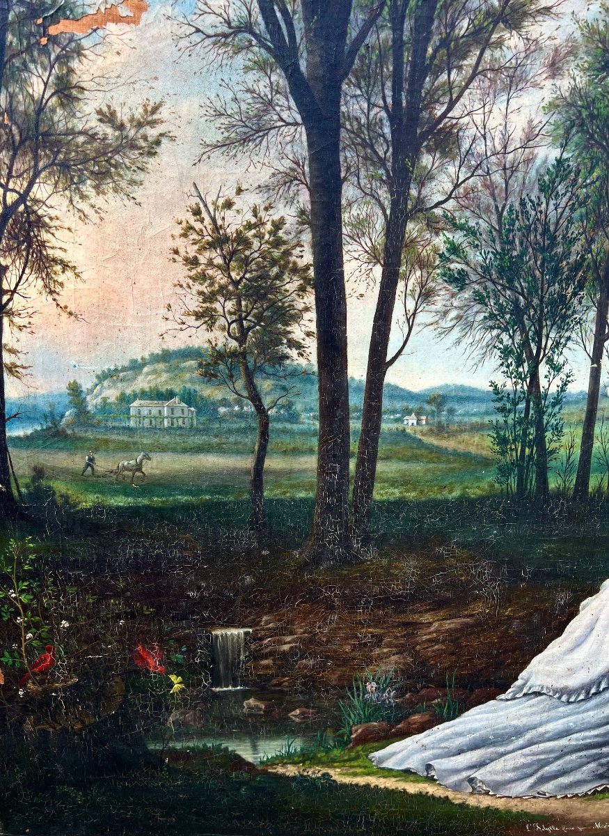Old Large Painting The Idyll Of A Young Mother French School From The 19th Century -photo-2