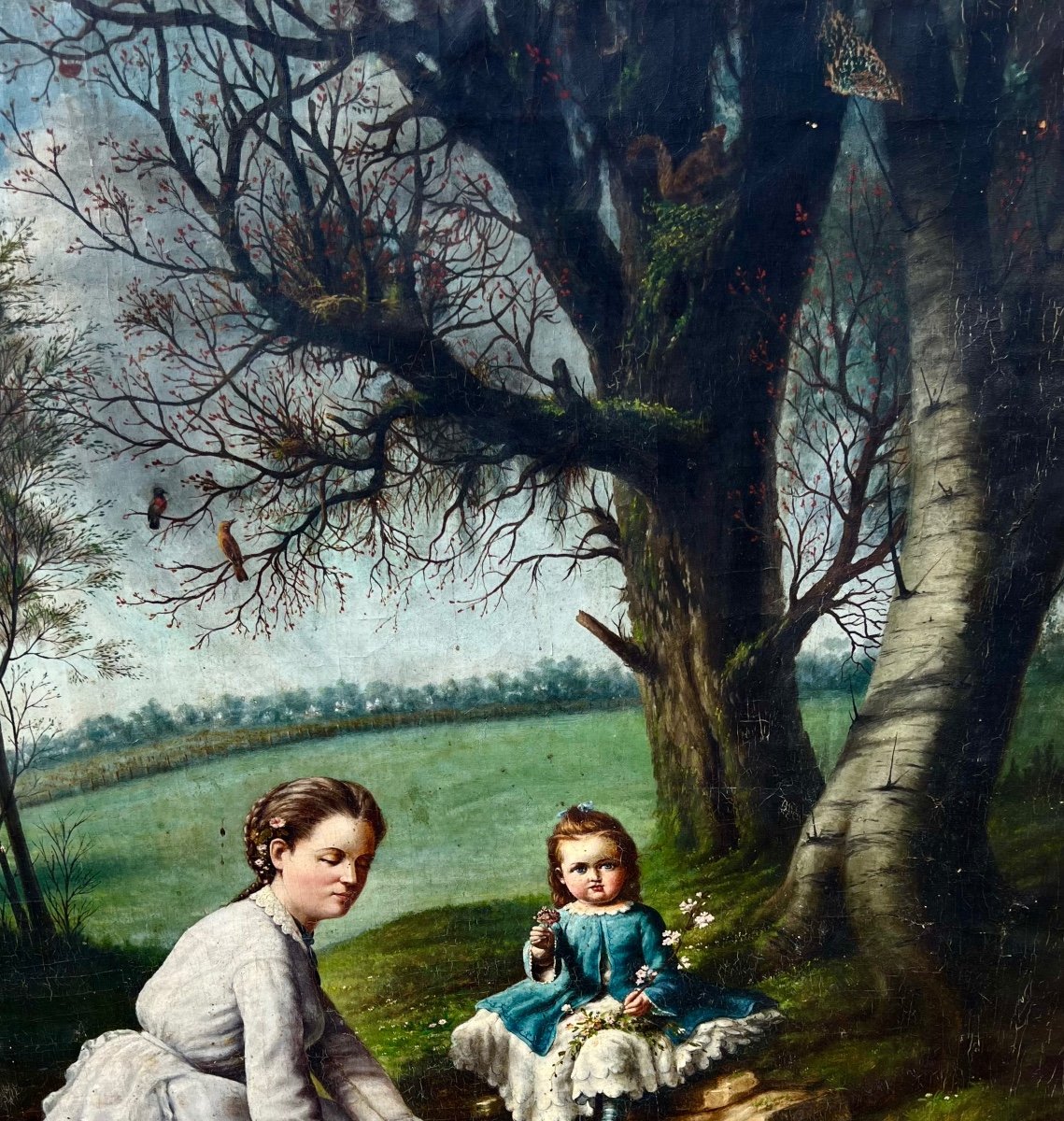 Old Large Painting The Idyll Of A Young Mother French School From The 19th Century -photo-3