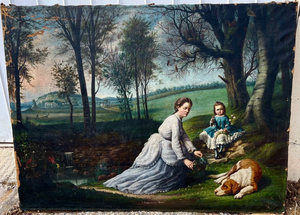 Old Large Painting The Idyll Of A Young Mother French School From The 19th Century 