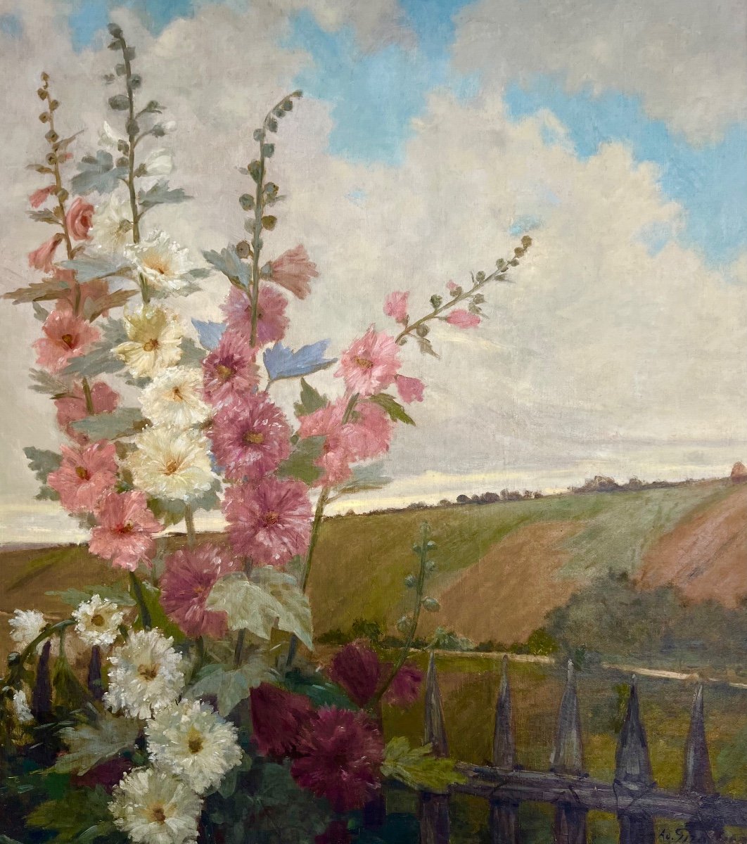 Ancien Tableau Les Roses Trémière Signé Adolphe Giraldon  1886.  -photo-1