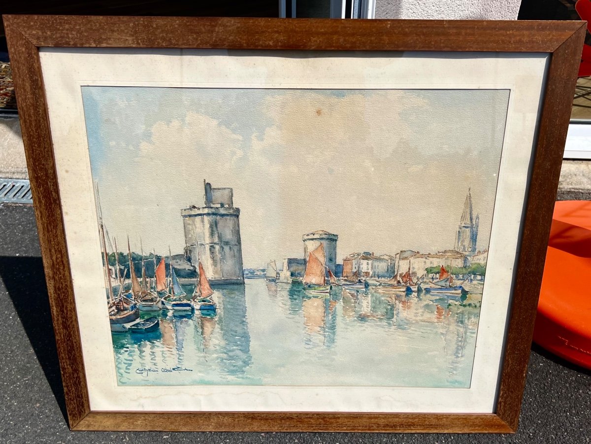 Watercolor Painting The Port Of La Rochelle Signed Christian Couillaud 