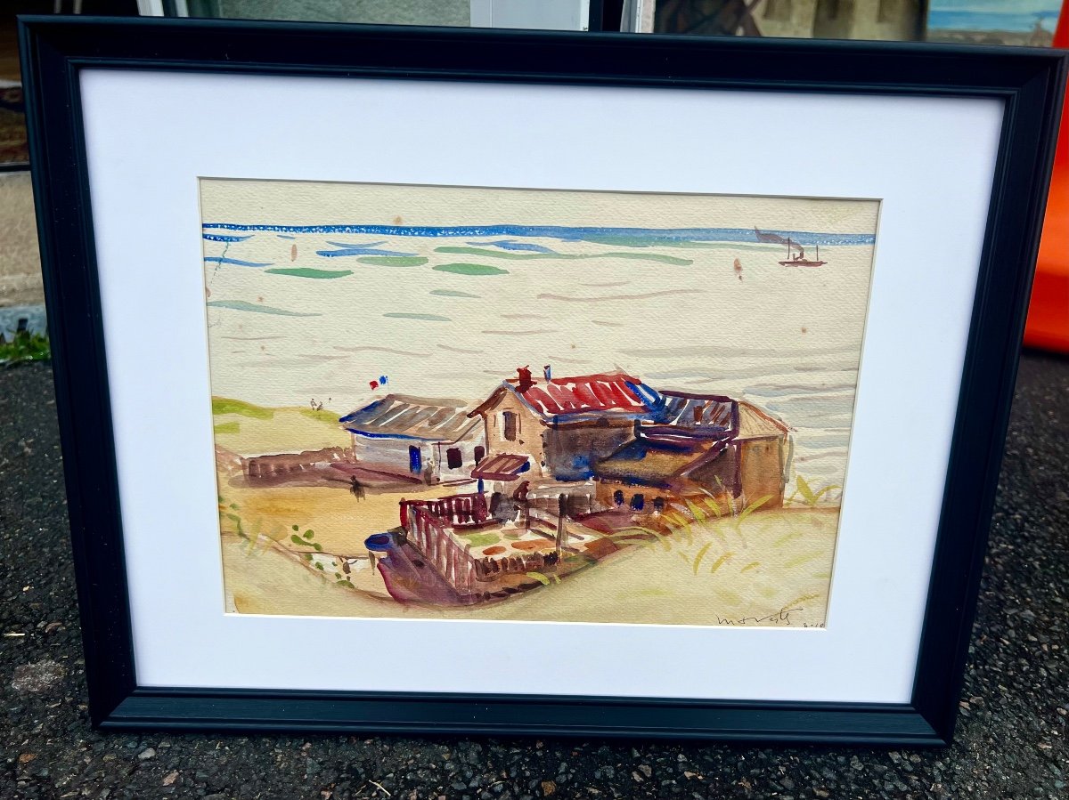 Tableau Aquarelle La Plage à Royan Signé Geo Maresté 1930 Cognac 