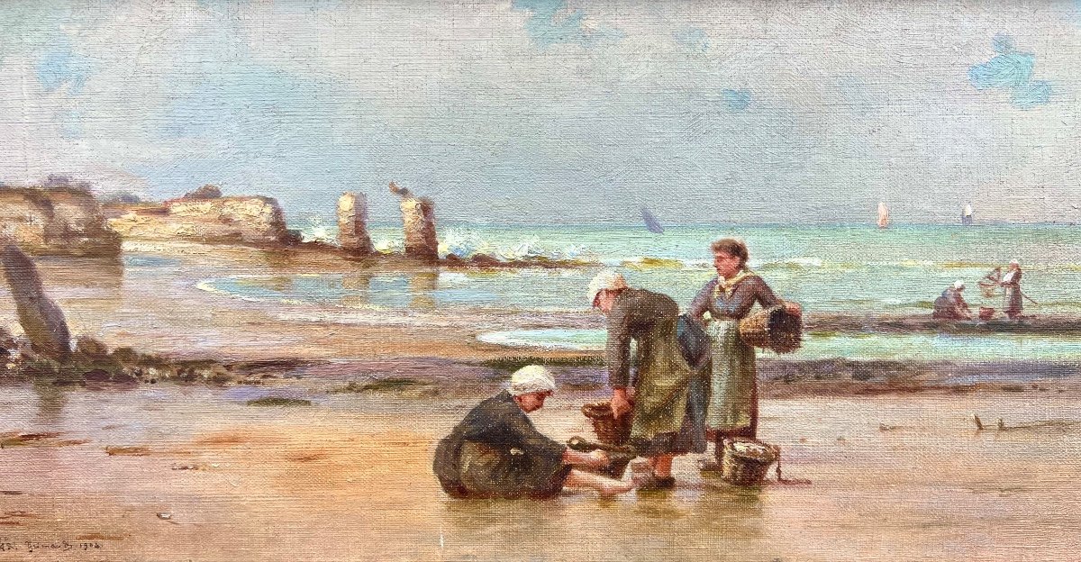 Old Painting The Rocks Of Vallières In Royan Signed Grimaud 1904 -photo-1