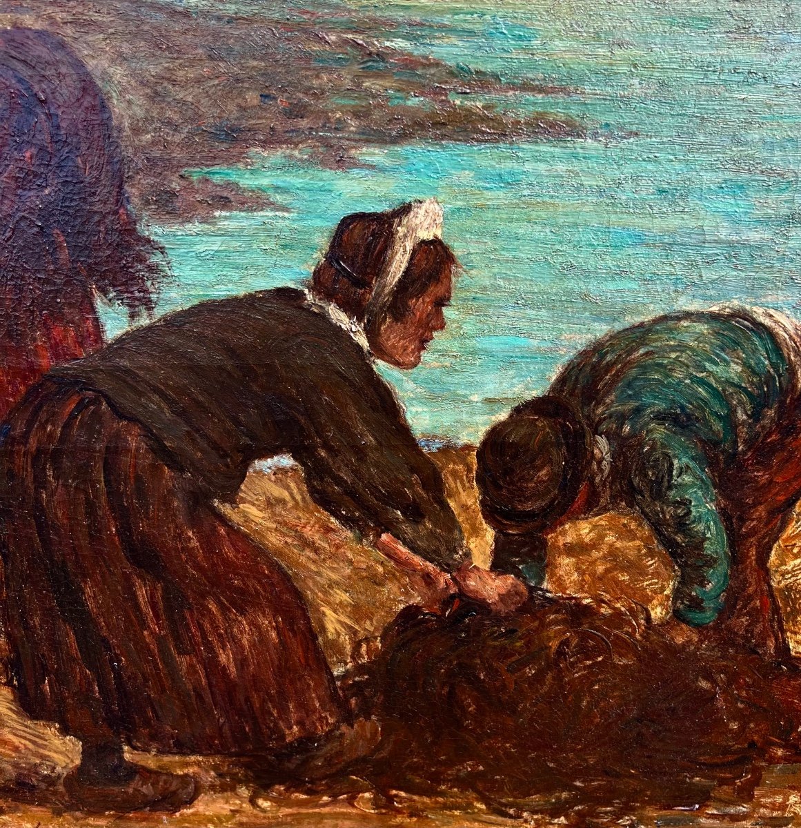Old Painting The Seaweed Collectors Signed Léon Bellemont 1900 Brittany -photo-1