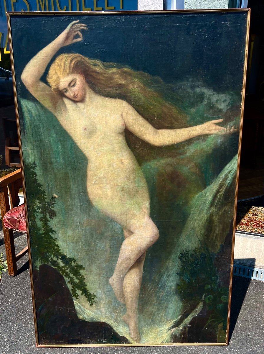 Old Large Painting The Naked Woman At The Symbolist Waterfall 1891 Signed 