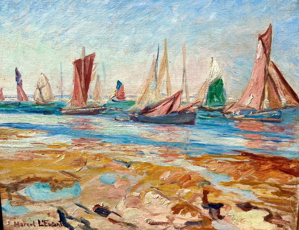 Ancien Tableau Les Bateaux En Mer Signé Marcel L’enfant Bretagne -photo-1