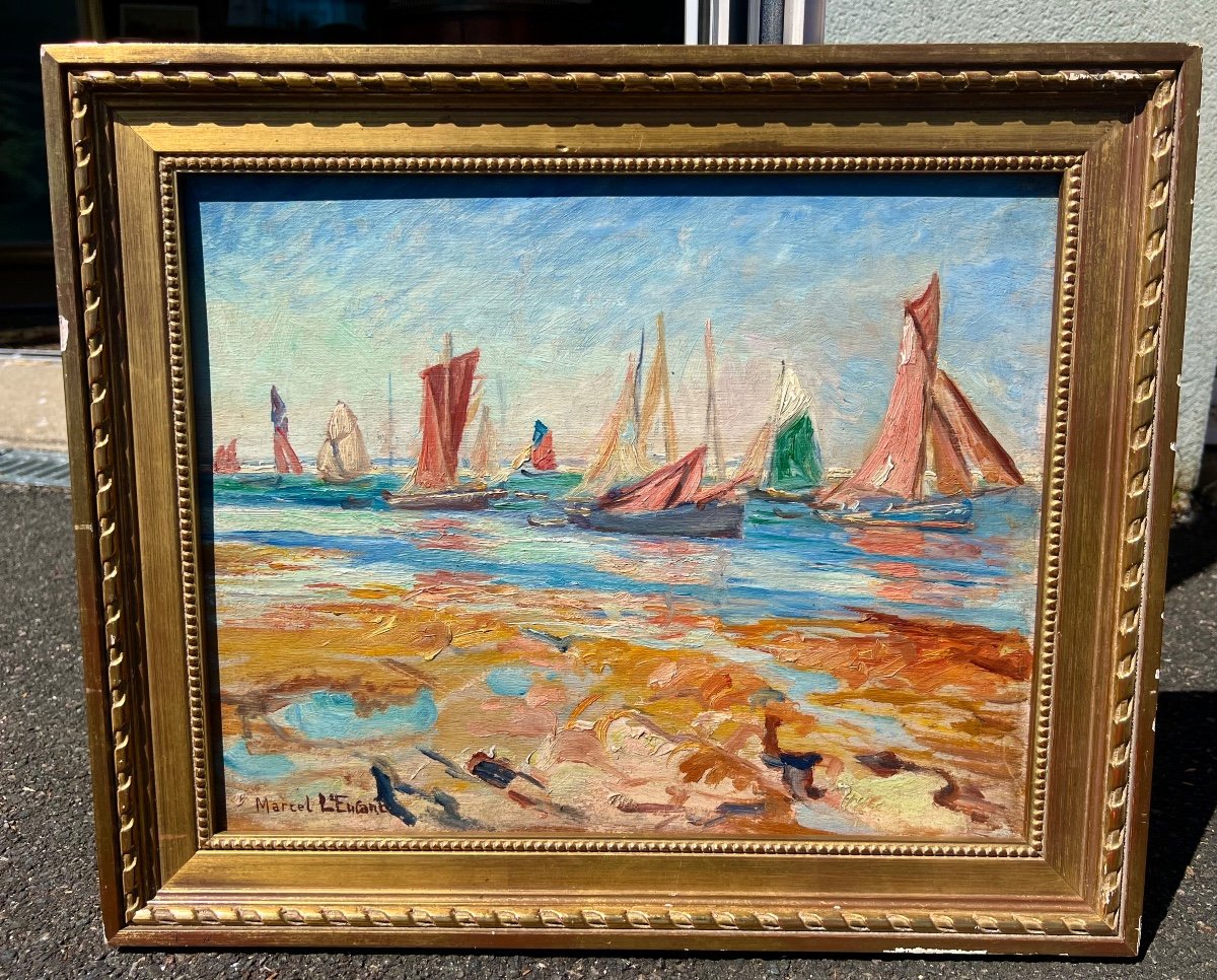 Ancien Tableau Les Bateaux En Mer Signé Marcel L’enfant Bretagne 