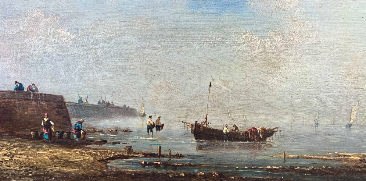 Ancien Tableau Le Retour De Pêche Signé Pierre Julien Gilbert 19 Eme Marine -photo-1