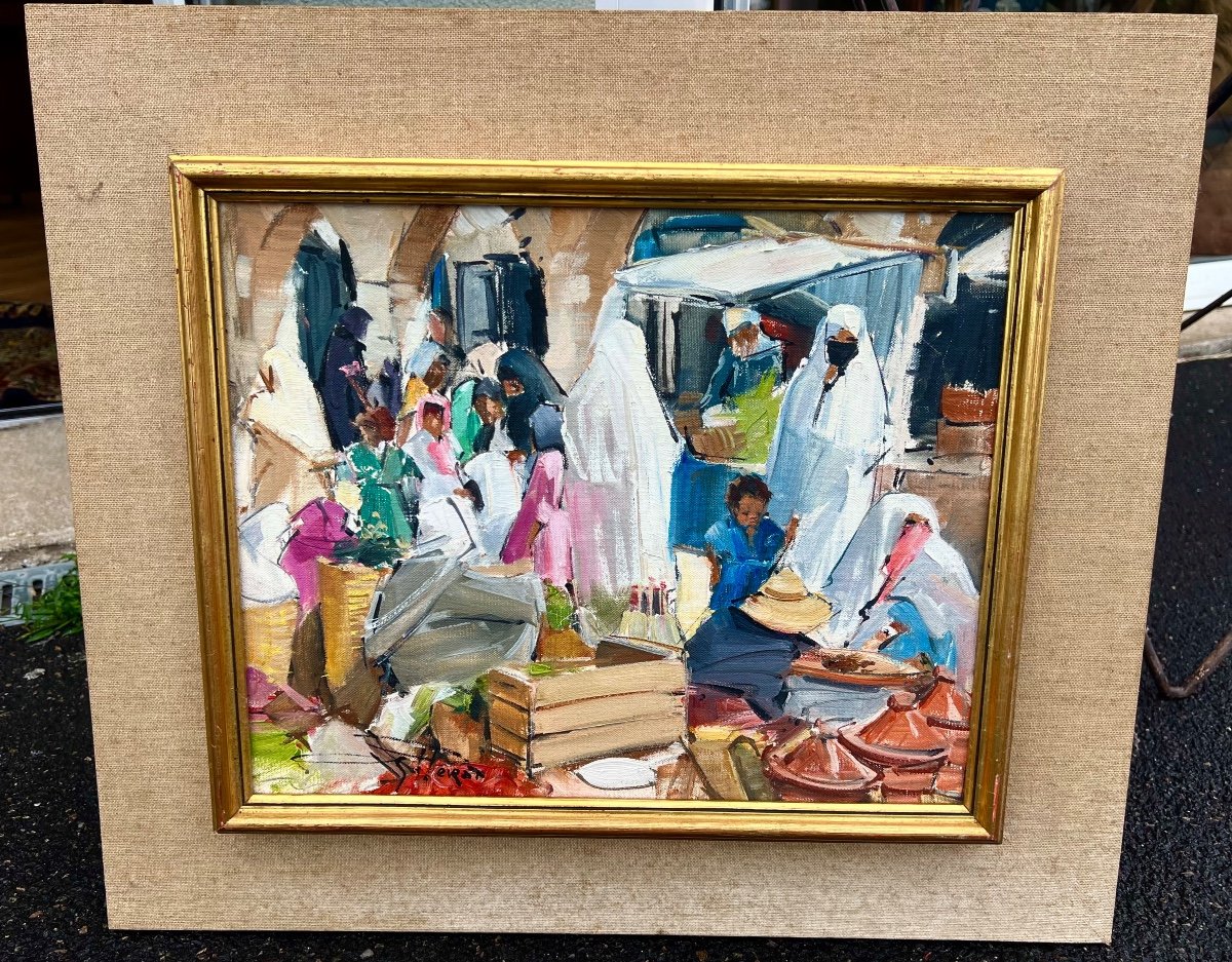 Painting Market Scene In Morocco Signed Christiane Levrat 1960 Orientalist 