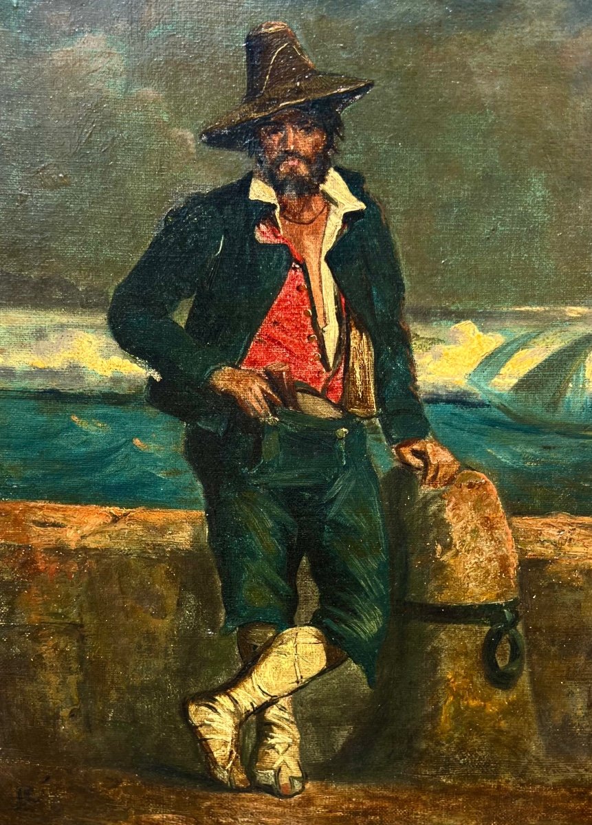 Antique Italian Fisherman Portrait Painting Signed 19th Century Italy -photo-1