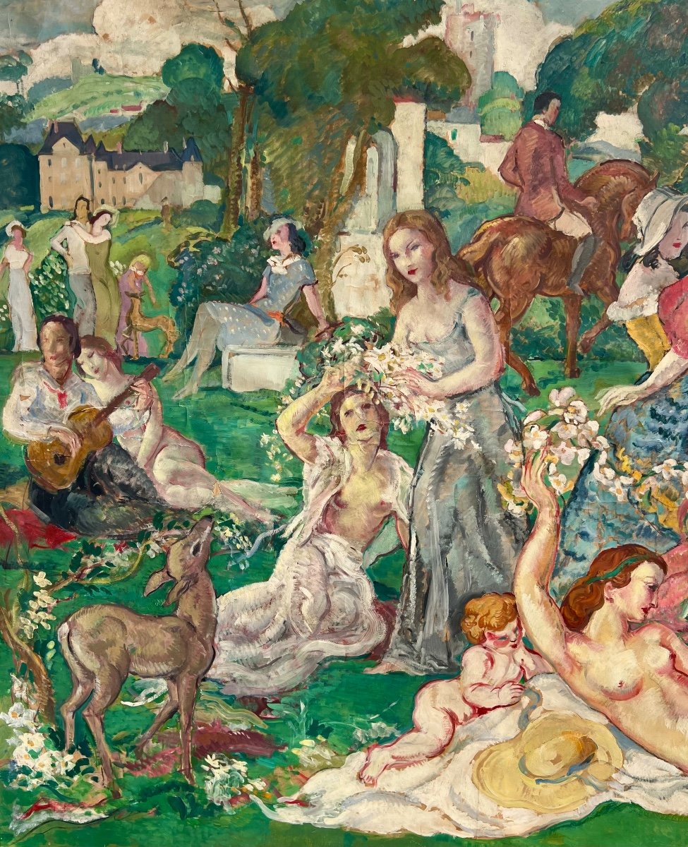 Grand Tableau Le Déjeuner Sur L’herbe Signé Pierre Langlade 1930 La Rochelle Art Déco -photo-4