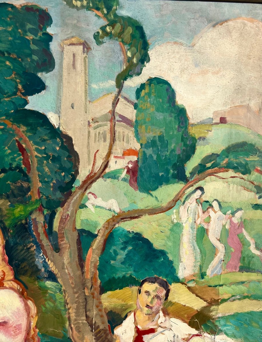 Grand Tableau Le Déjeuner Sur L’herbe Signé Pierre Langlade 1930 La Rochelle Art Déco -photo-6