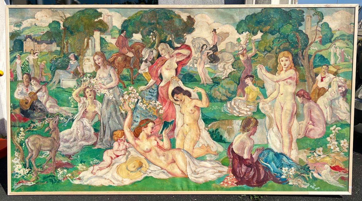 Grand Tableau Le Déjeuner Sur L’herbe Signé Pierre Langlade 1930 La Rochelle Art Déco 