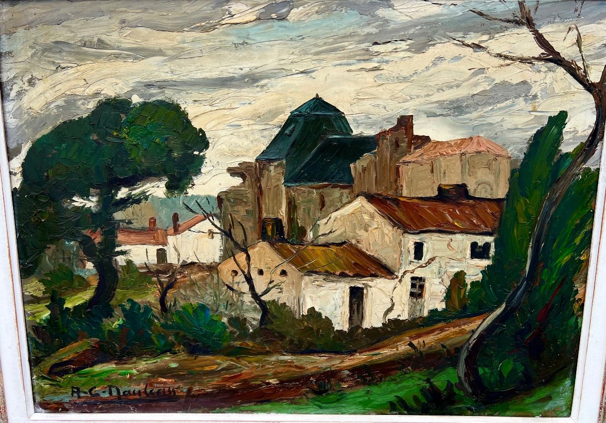 Ancien Tableau Vue Saint Nicolas De Brem Signé André Charles Nauleau 1951 Vendée -photo-1