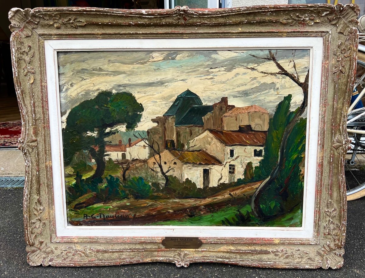 Ancien Tableau Vue Saint Nicolas De Brem Signé André Charles Nauleau 1951 Vendée 