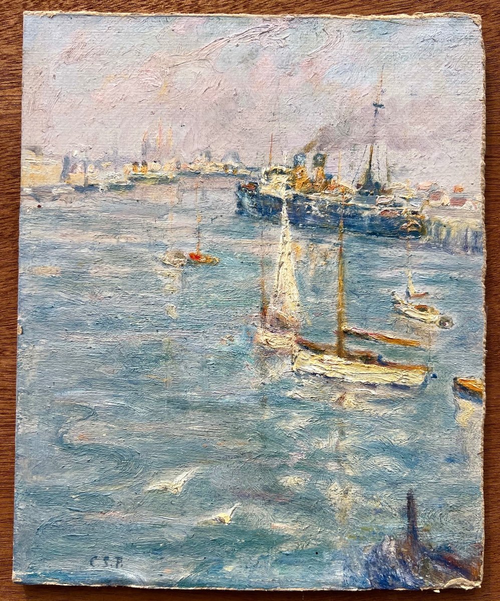 Old Painting The Port Of Ostend Signed Caroline Stienon Du Pré 1930 Belgium  