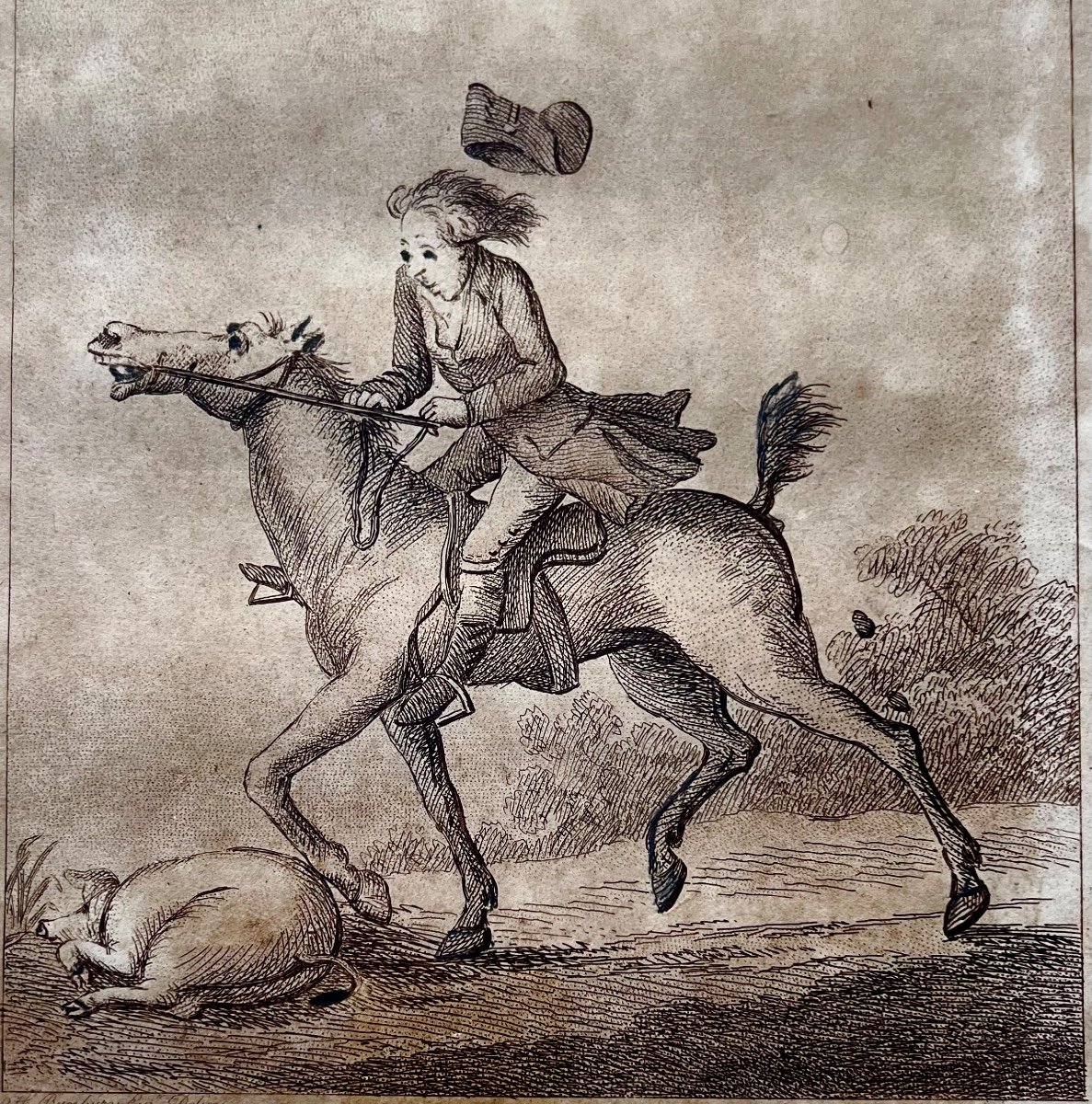 Antique Ink Drawing Equestrian Caricature Signed Henry Bunbury Late 18th Century Rider -photo-1