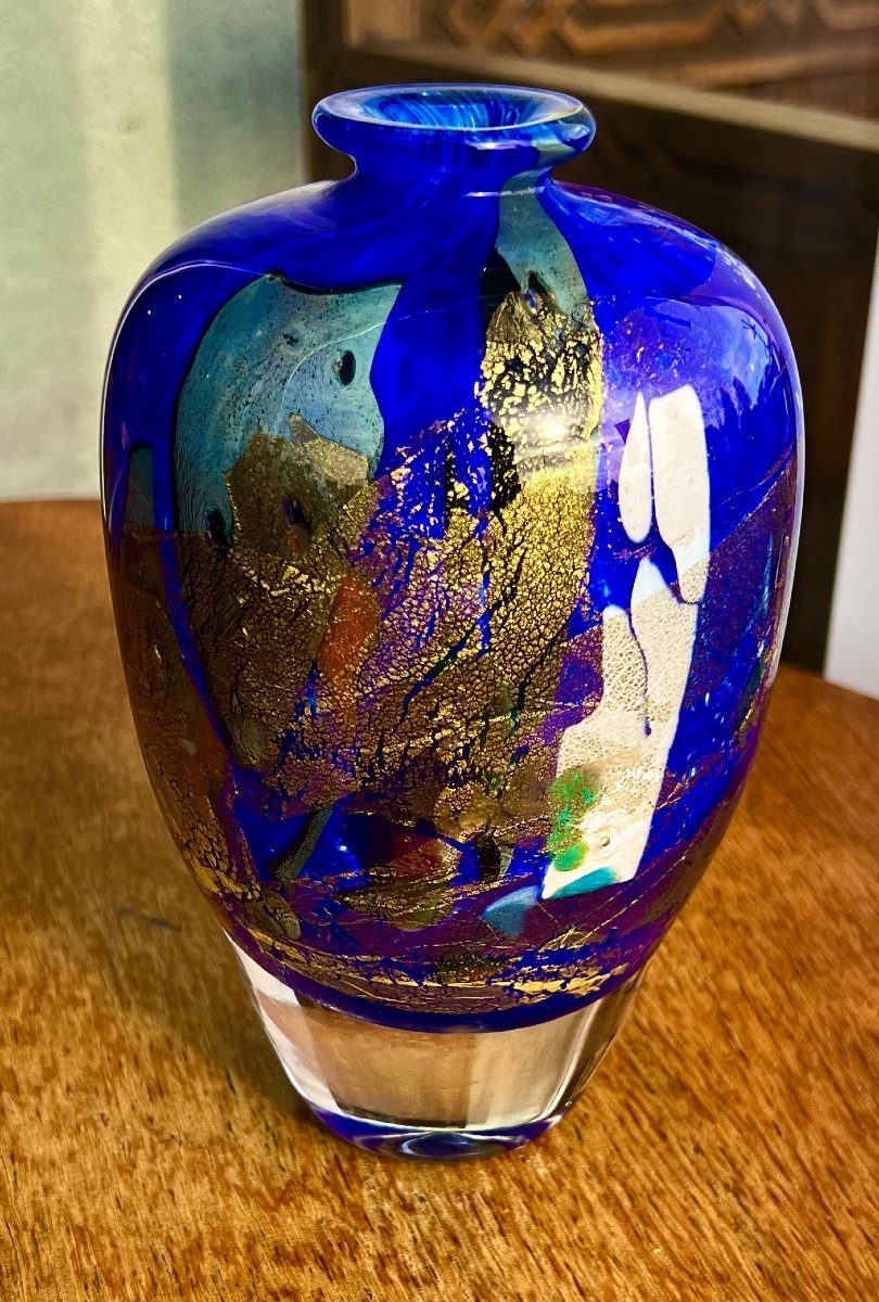 Vase En Verre Abstraction Bleue Signé Jean Claude Novaro 1992 -photo-1