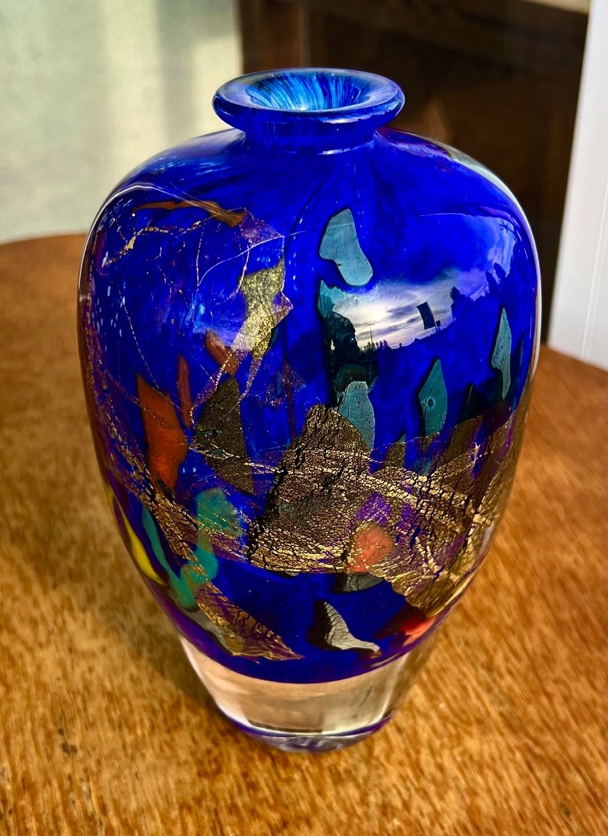 Vase En Verre Abstraction Bleue Signé Jean Claude Novaro 1992 