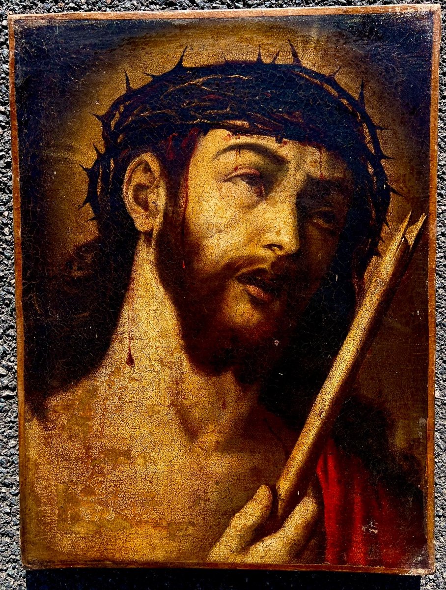 Old Painting Head Of Christ Spanish School 17th Century High Period 