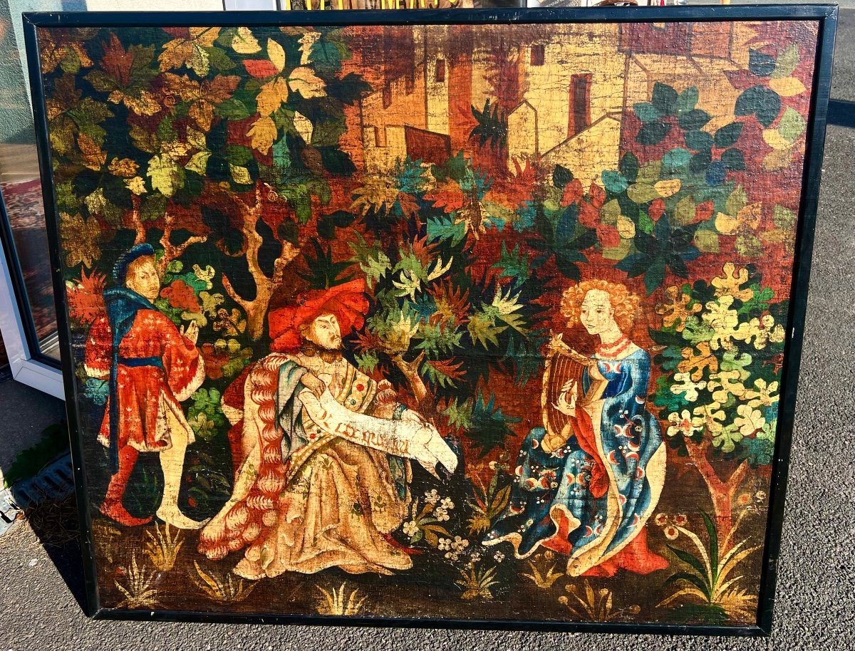 Ancien Grand Tableau Huile Scène Médiéval Haute époque Château 