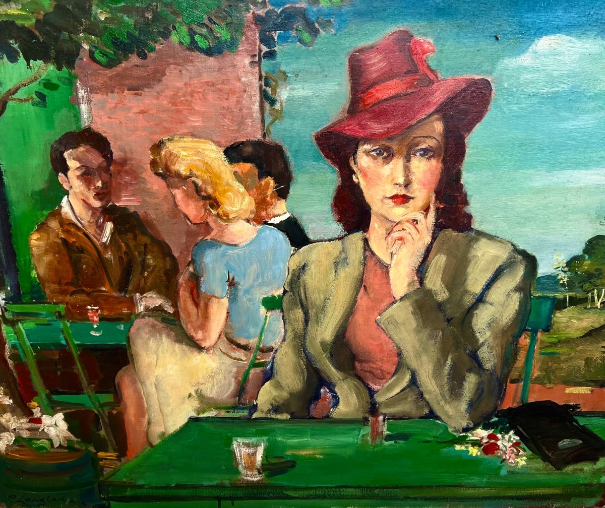 Ancien Tableau Scène De Guinguette Signé Pierre Langlade 1930 La Rochelle -photo-1