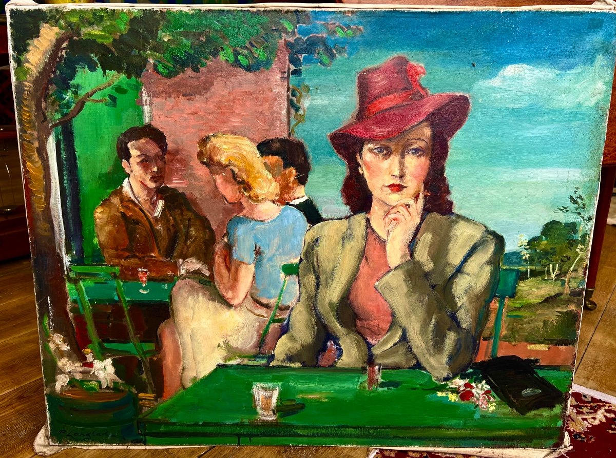 Ancien Tableau Scène De Guinguette Signé Pierre Langlade 1930 La Rochelle 