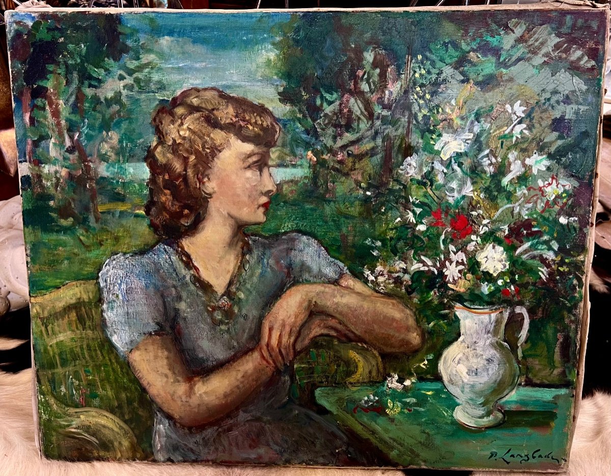 Old Painting Portrait Woman With Flowers Signed Pierre Langlade 1930 La Rochelle 