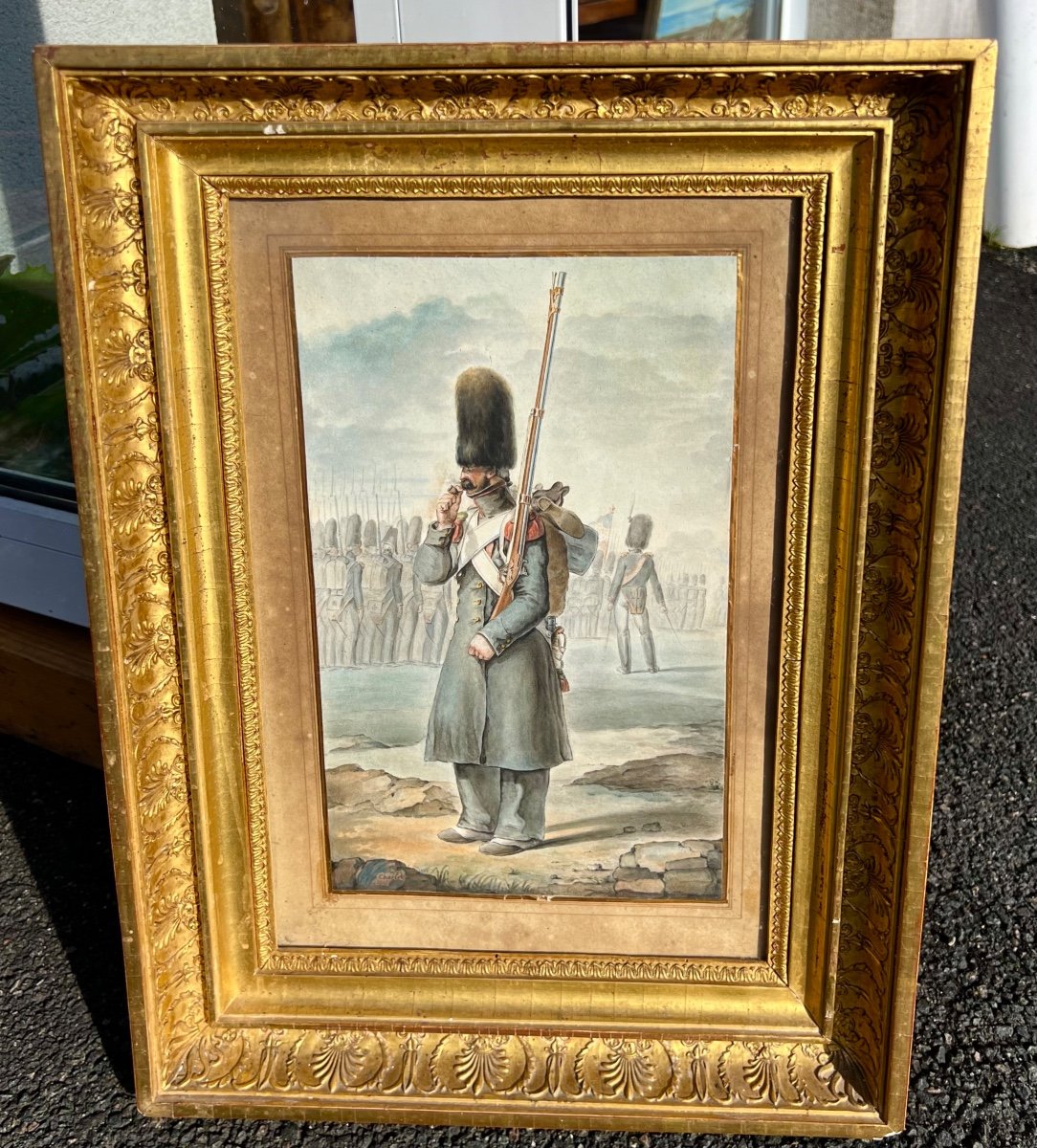 Ancien Tableau Aquarelle Portrait  Grenadier Empire Signé Charlet 19 Eme  Militaire 