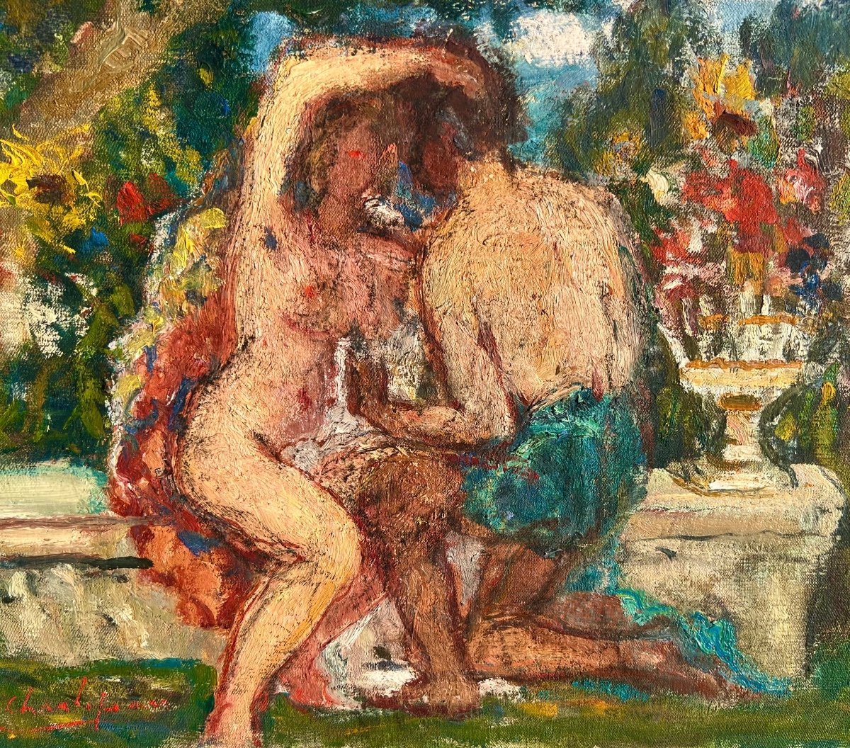 Ancien Tableau Le Couple Au Jardin Signé Gabriel Charlopeau Vers 1930 La Rochelle -photo-1