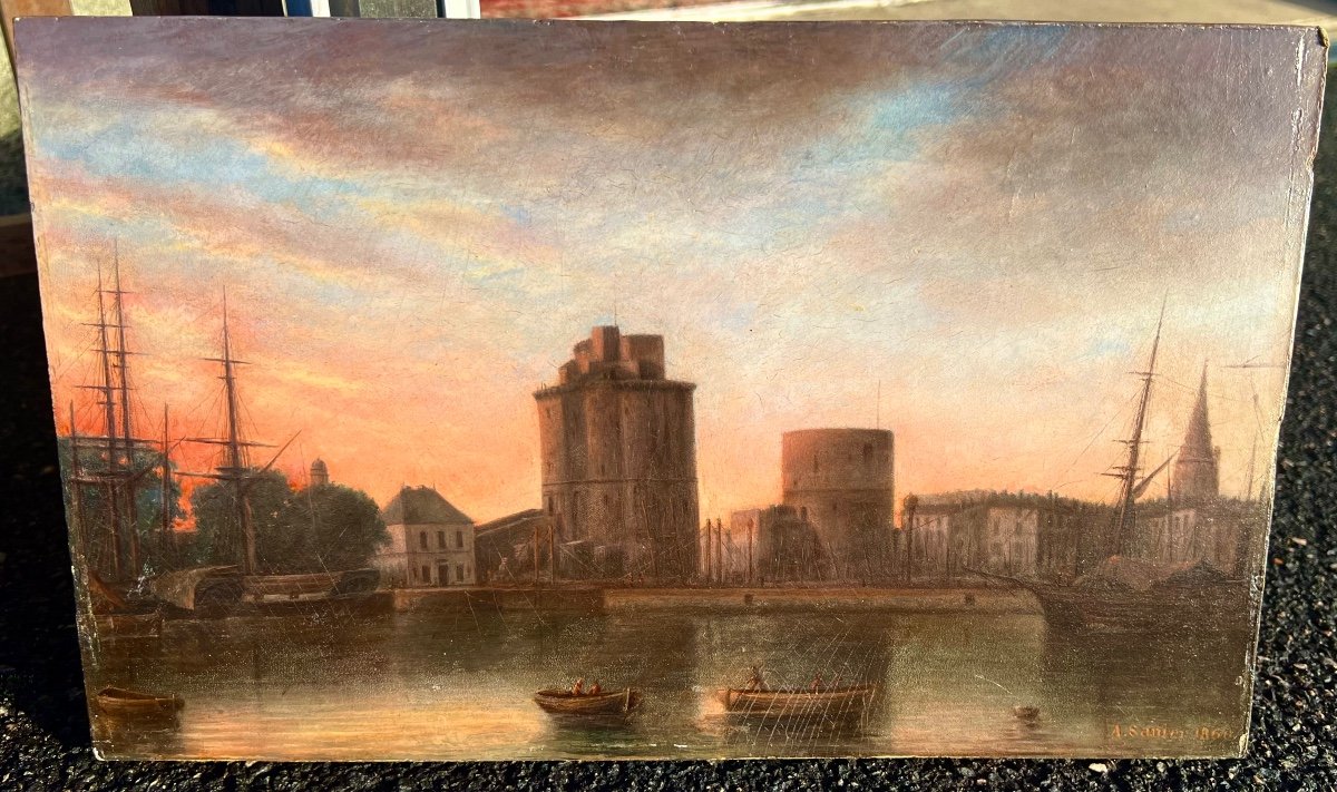 Old Painting The Port Of La Rochelle Signed Achille Sanier 1860 