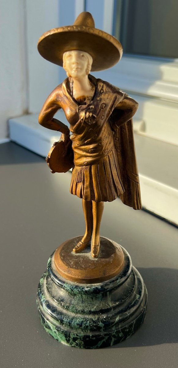 Ancienne Sculpture Bronze Chryséléphantine La Danseuse Flamenco Signé Villain 1920 Art Nouveau 