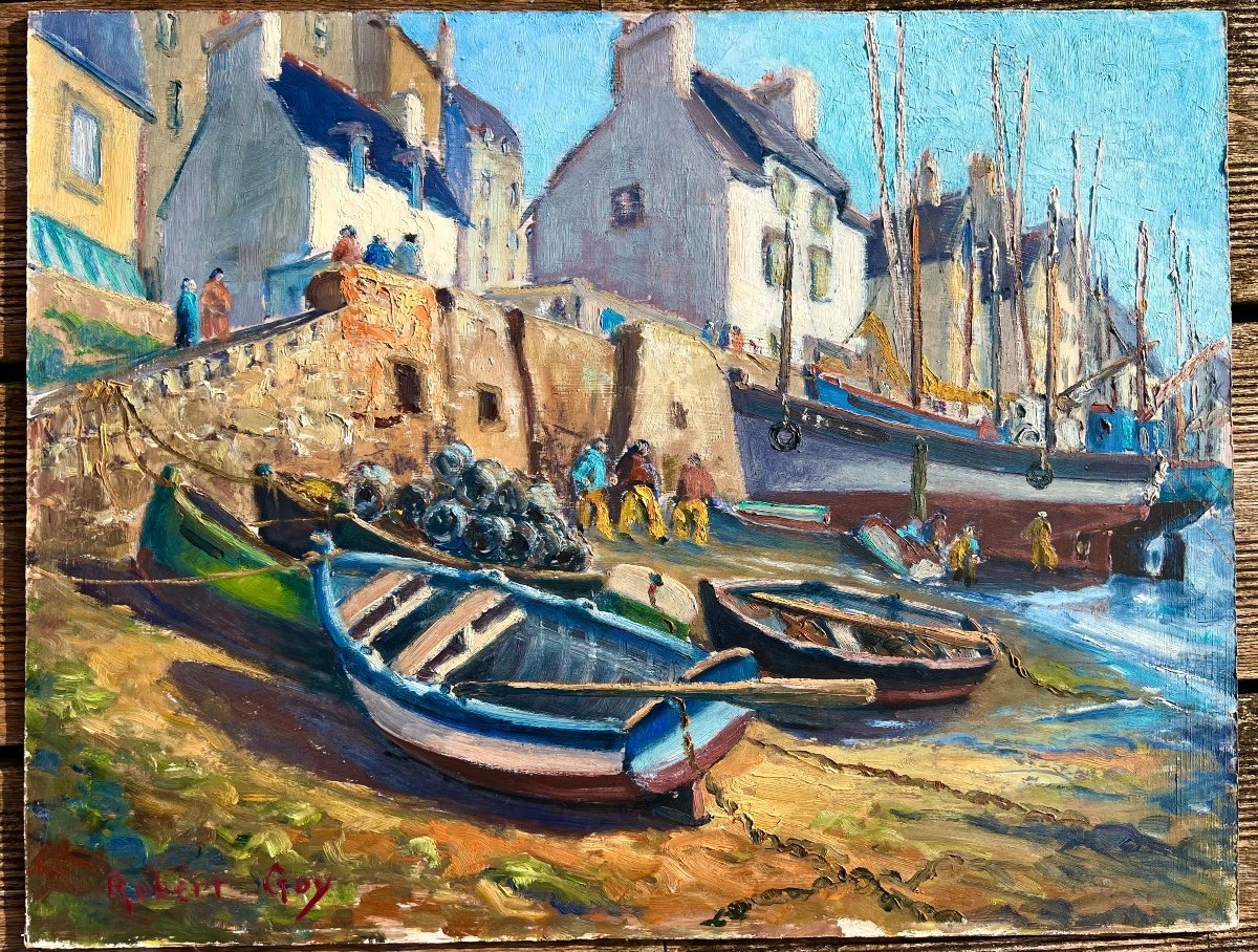 Painting The Port Of Concarneau Signed Robert Goy Brittany 