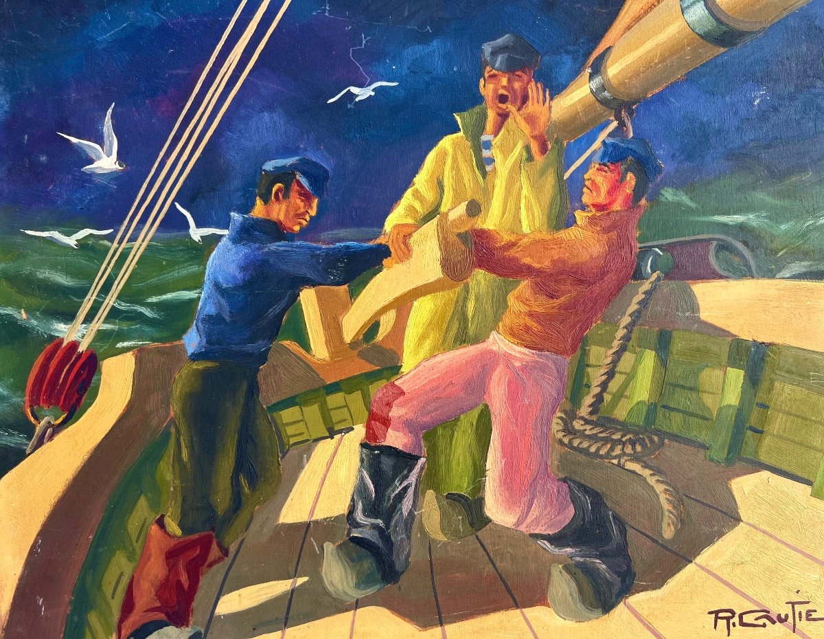 Old Painting Sailors At Sea Signed R. Gautier Circa 1930 -photo-1